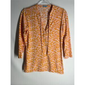 J Mclaughlin Orange Printed Cotton Tunic Top Size XS Stretch V-neck 3/4 Sleeve